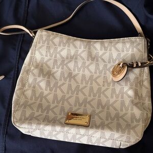 Michael Kors Cream Logo Hobo Shoulder Bag with Gold Hardware